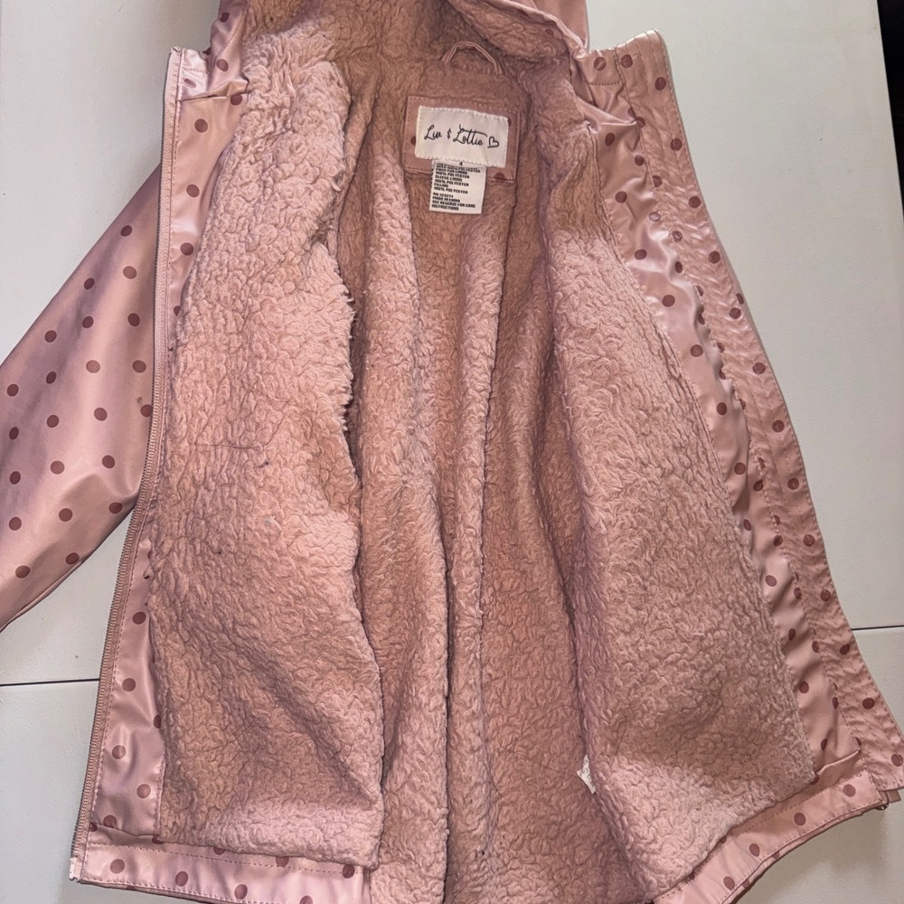Liv & Lottie Raincoat Girls Size 4 Pink Polka Dot Faux Fur Lined Hooded Jacket - Picture 7 of 8